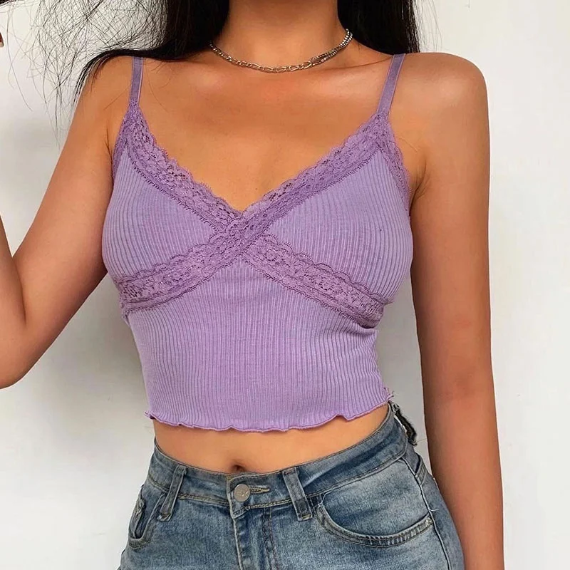 

Fashion Women Lace Patchwork Crop Top V Neck Sexy Skinny Sleeveless Summer Blue Tops Female Harajuku Streetwear