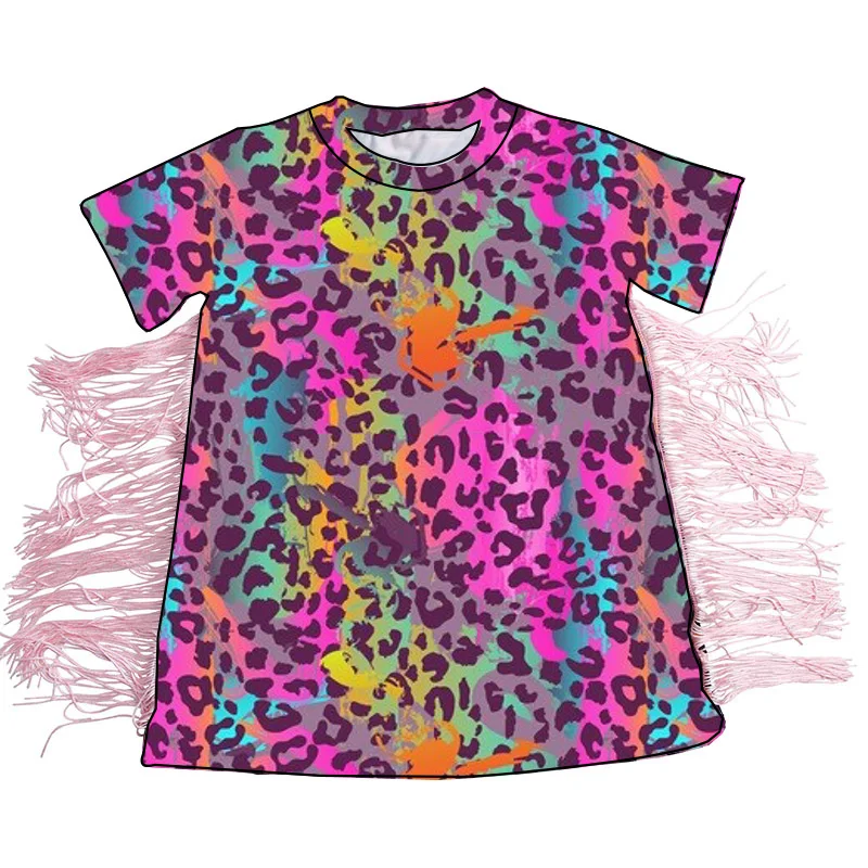 

Multicolored Leopard Print With Fringe Fashion Little Girls Short Sleeves T Shirts Dress Tops Kids Children Clothes, Picture