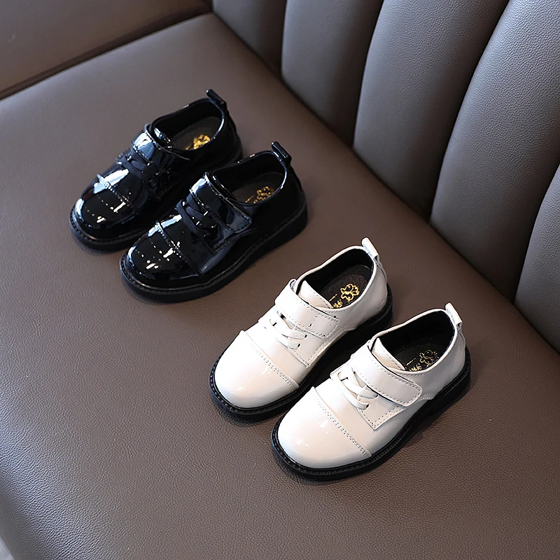 

Kids black shoes Leather shoes soft sole British style 2020 new leather black children girl shoes, Black/white