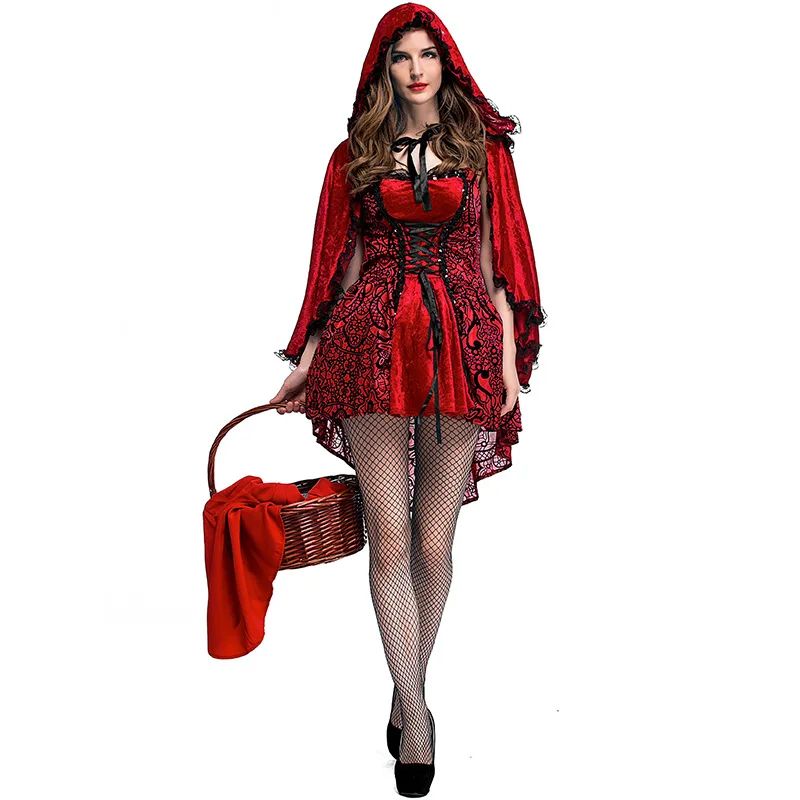 

Little Red Riding Hood Costume Halloween Fantasia Fancy Gothic Dress Party Fairy Tale Cosplay Outfit For Women