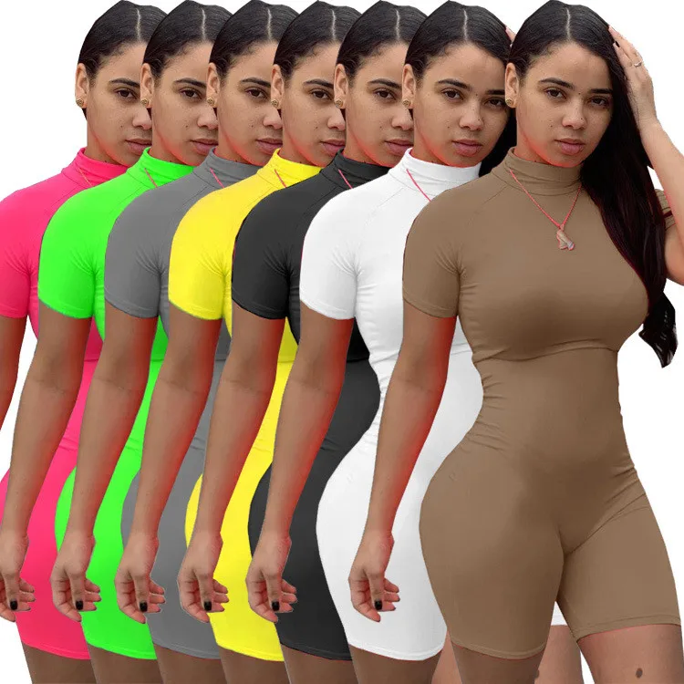 

Fashion high resilience woman fitness jumpsuit 2021 short sleeve and short pant bodycon solid jumpsuit