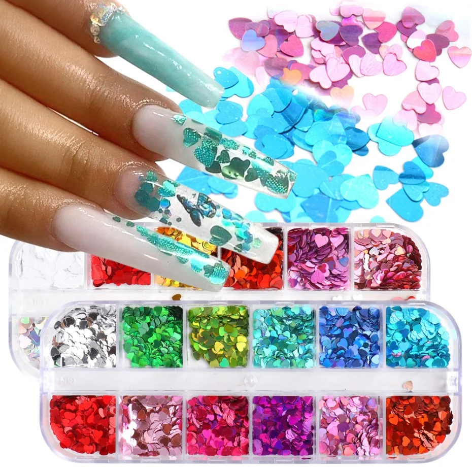 

Paso Sico Holographic Nail Glitter Heart Sequin 12 Blanks Mixed Colors DIY Butterfly Laser Nail Sequins for Acrylic Nails Tool