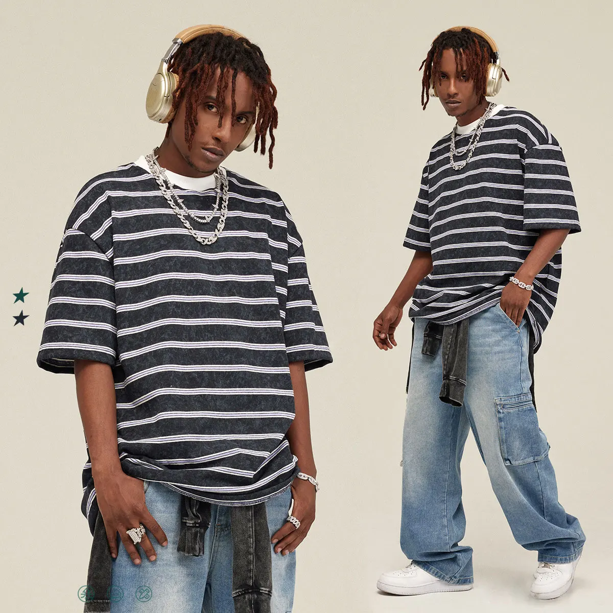 

Gelan Wholesale Customized Round Neck T-shirt Striped Short Sleeve Men's T-shirt Spring/Summer 280G Retro