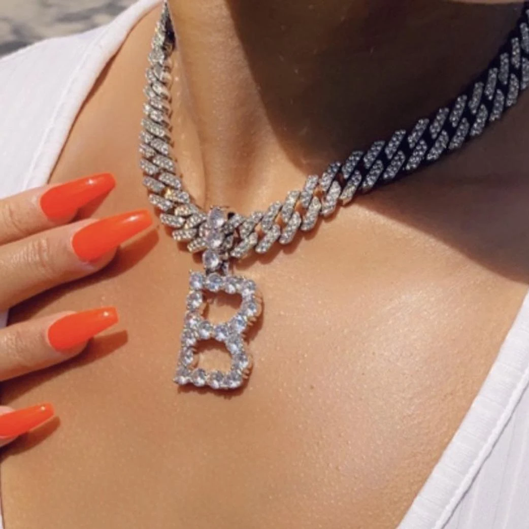 

Fashion Iced Cuban Link Chain Letter Pendant with diamond Tennis Chain Women's letter necklace jewelry "A to Z" initial necklace, Sliver