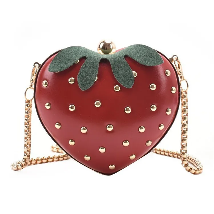 

2020 fashion luxury Heart Shape small cute colorful strawberry leather party handbag chain clutches and evening bags ladies red