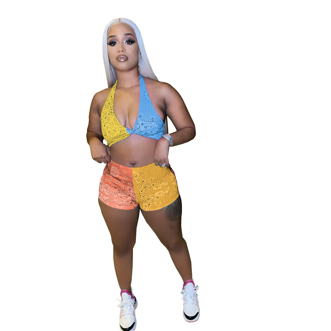 

Womens sexy summer clothing 2021 summer sexy halter low-cut halter top color matching print shorts two piece set v cut pants, Show