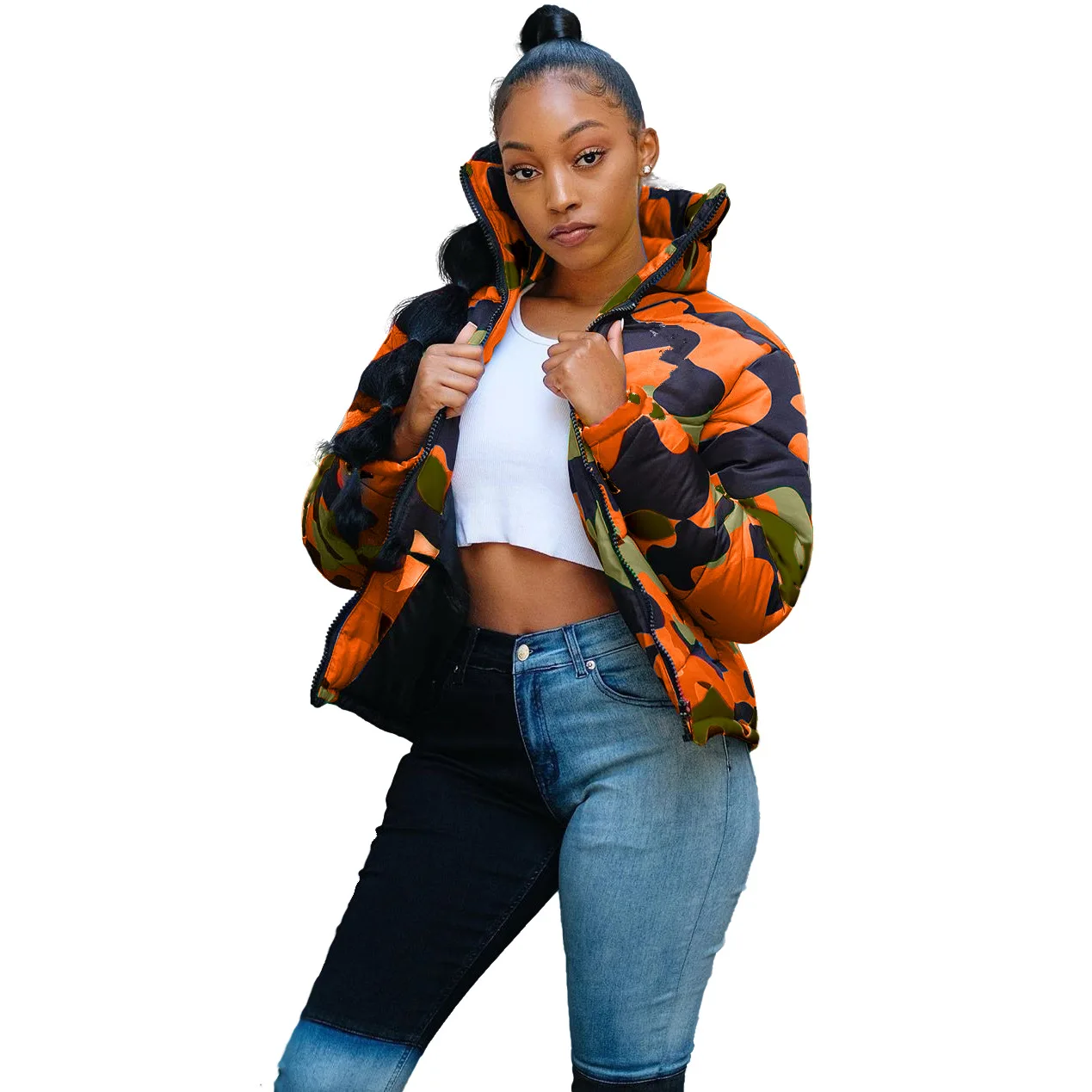 

winter camo print women short camouflage jacket, Orange