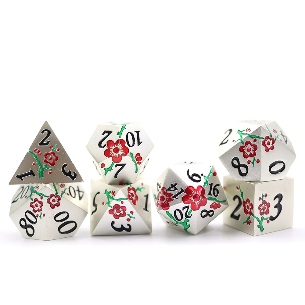 

New design flower printed smooth surface metal alloy polyhedron dice set for dnd