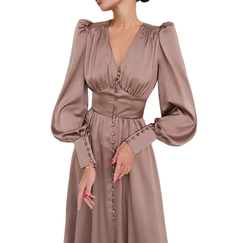 

NEW Satin Long Dress Beige Single Breasted Sexy Dress Party Club High Waist Elegant V Neck Women Midi Dresses Lantern Sleeve