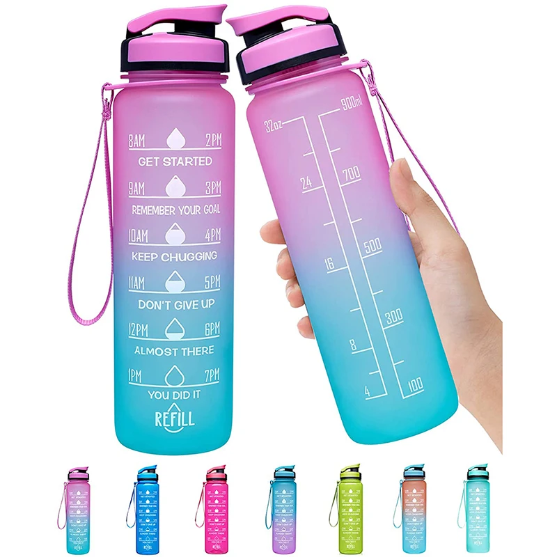 

32 oz BPA Free Tritan Motivational Plastic Water Bottle Fast Flow sport with Time Marker with Straw Reusable for Gym Outdoor, Customized color acceptable