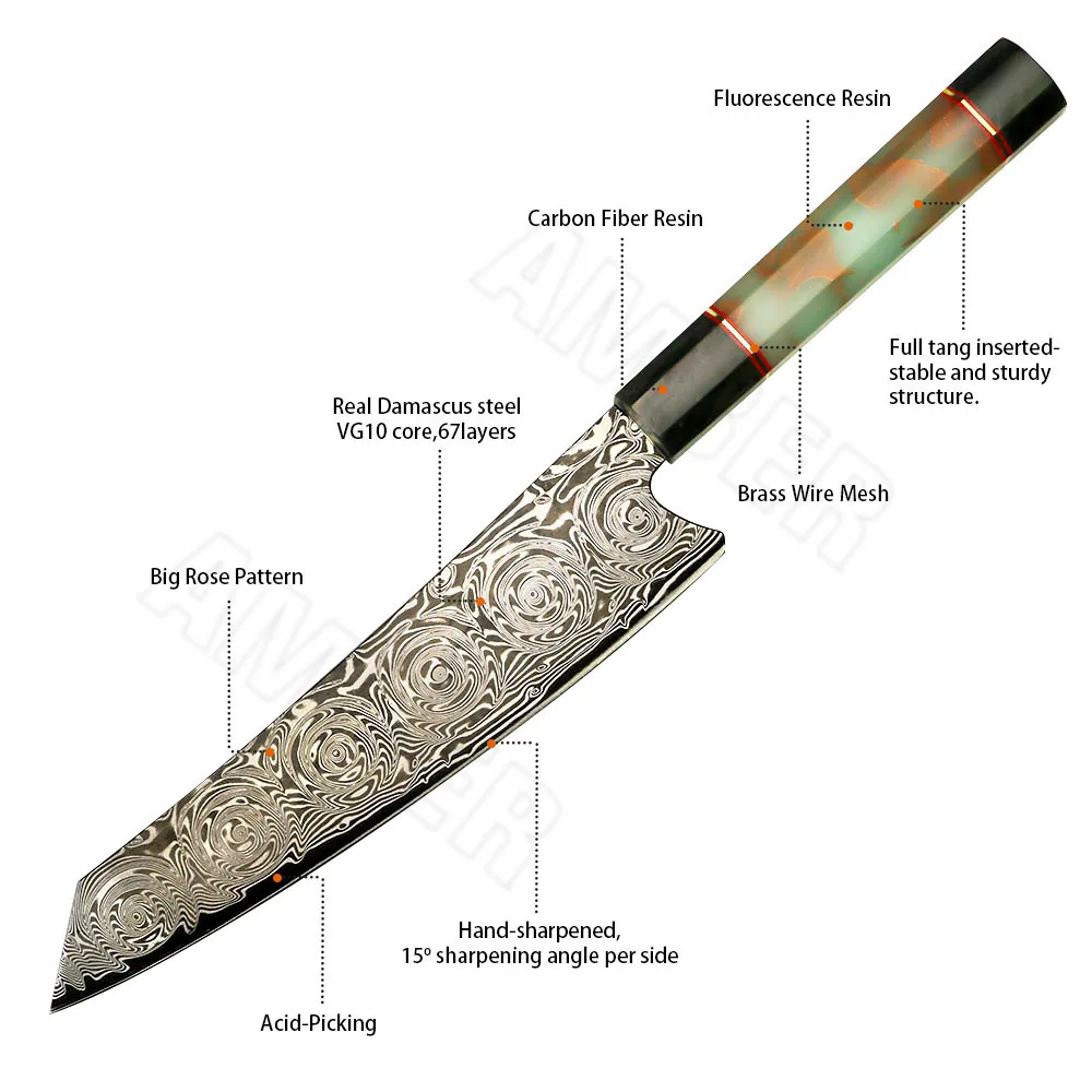 

Amber Rose Pattern acid pickling blade 67 layer vg10 japanese damascus chef knife 8 inch