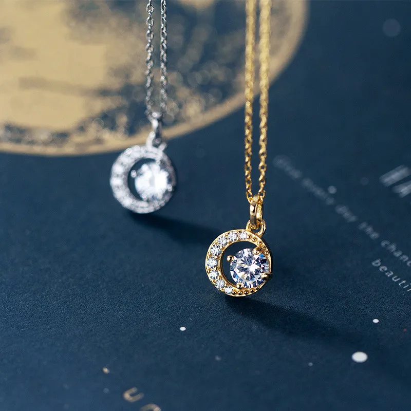 fashion fine jewelry 925 sterling silver round circle crescent moon shape diamond pendant gold plated necklaces women