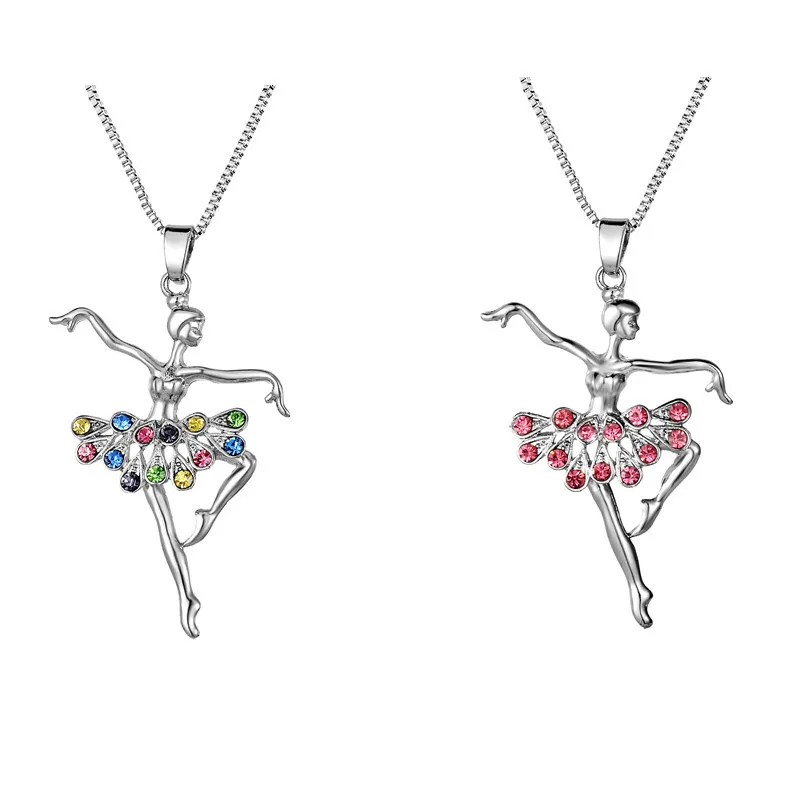 

elegant Ballet Girl ballerina dancer silver colorful crystal alloy necklace for female girl charm pendant necklace new fashion, As picture