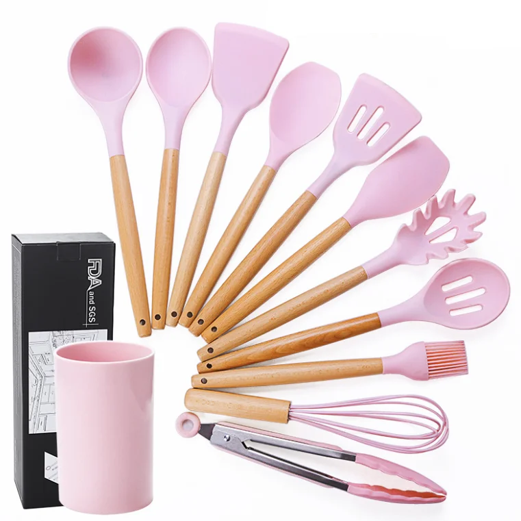 

Amazon 11pcs high quality wood silicon silicone kitchen utensils set, Pink