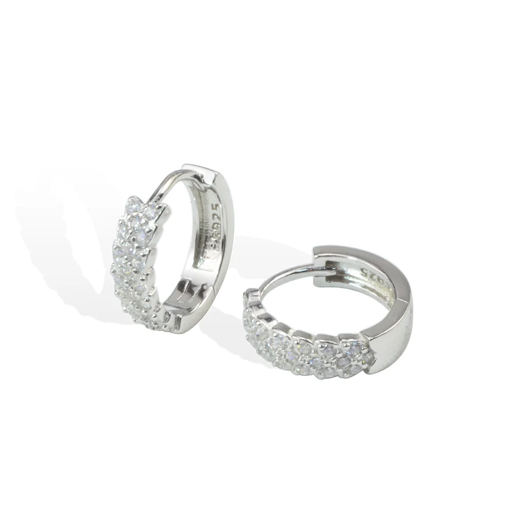 WMEB029 925 Sterling Silver Cubic Zirconia Huggie Hoop Earrings Fashionable Round CZ Pave Set for Weddings & Parties