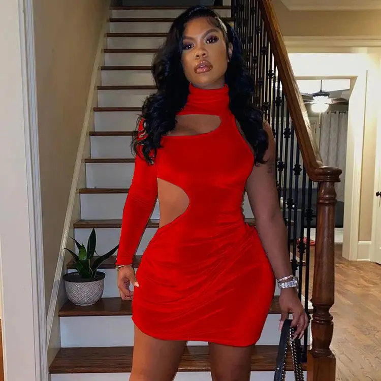 

High Neck Cut-out One Sleeve Bodycon Dress Solid Hollow Out Ladies Short Dresses New 2021 Arrivals -PT, White,yellow,red,black,rose red