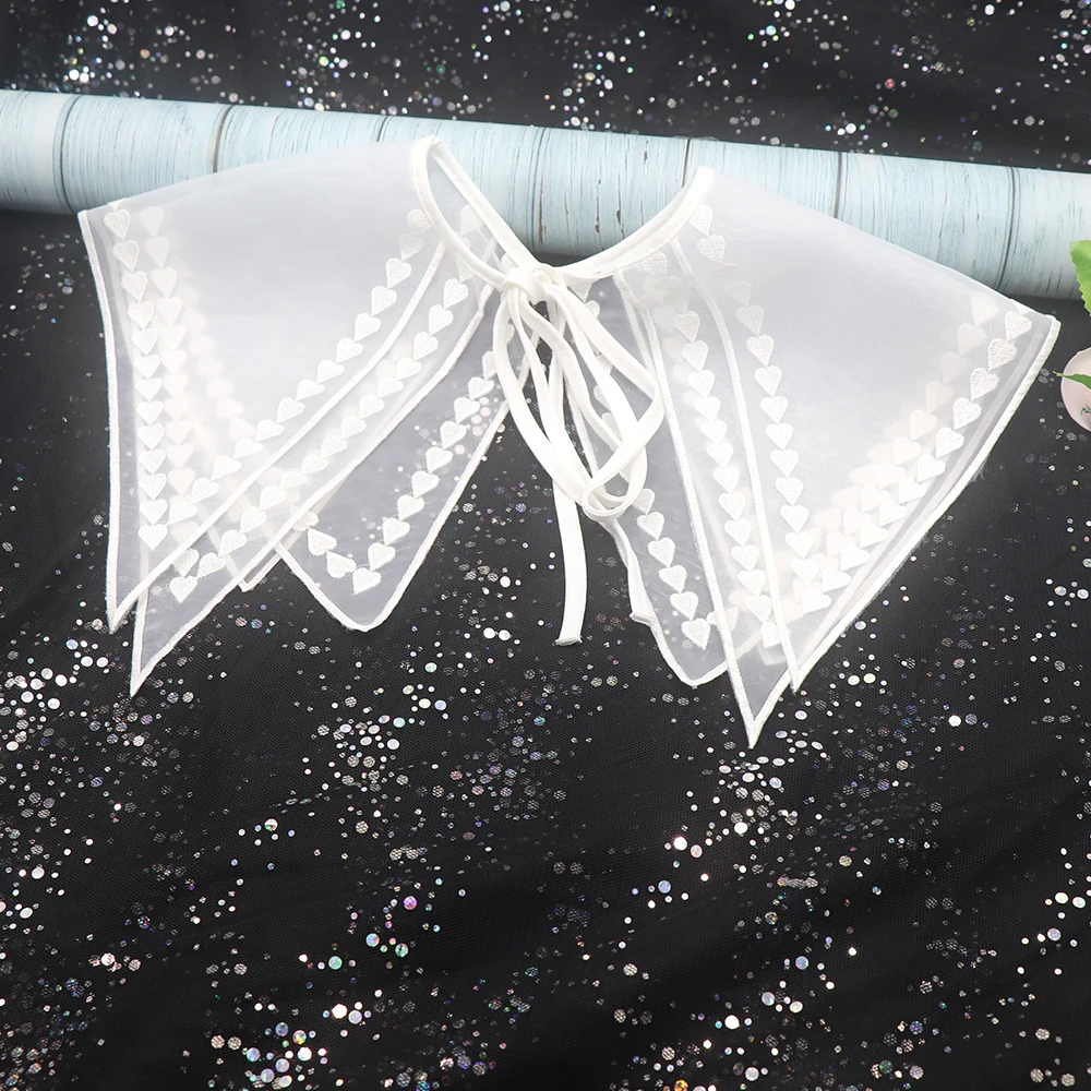 GH-136 Fashion Front Tie White O-Neck Detachable Embroidery Heart Organza Women Female Fake Collar for Dress Garment Accessories