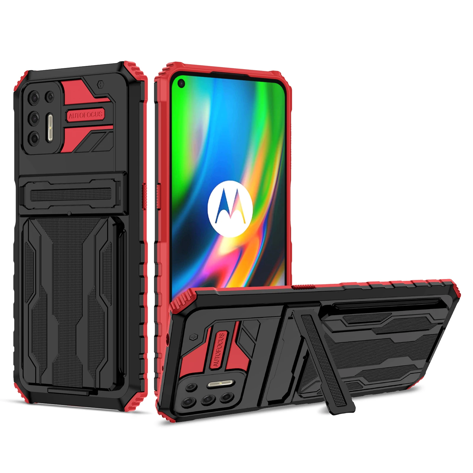 

Luxury TPU PC Hybrid Shockproof Phone Case with Detachable Card Holder and Kickstand For Motorola MOTO G9 PLUS, As pictures