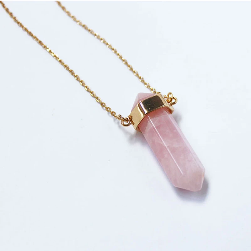 

2021 Sweet Pink Stone Pencil Pointed Pendant Necklace With Long O-Chain Summer Beach Cool All-Match Casual Jewelry, Gold color