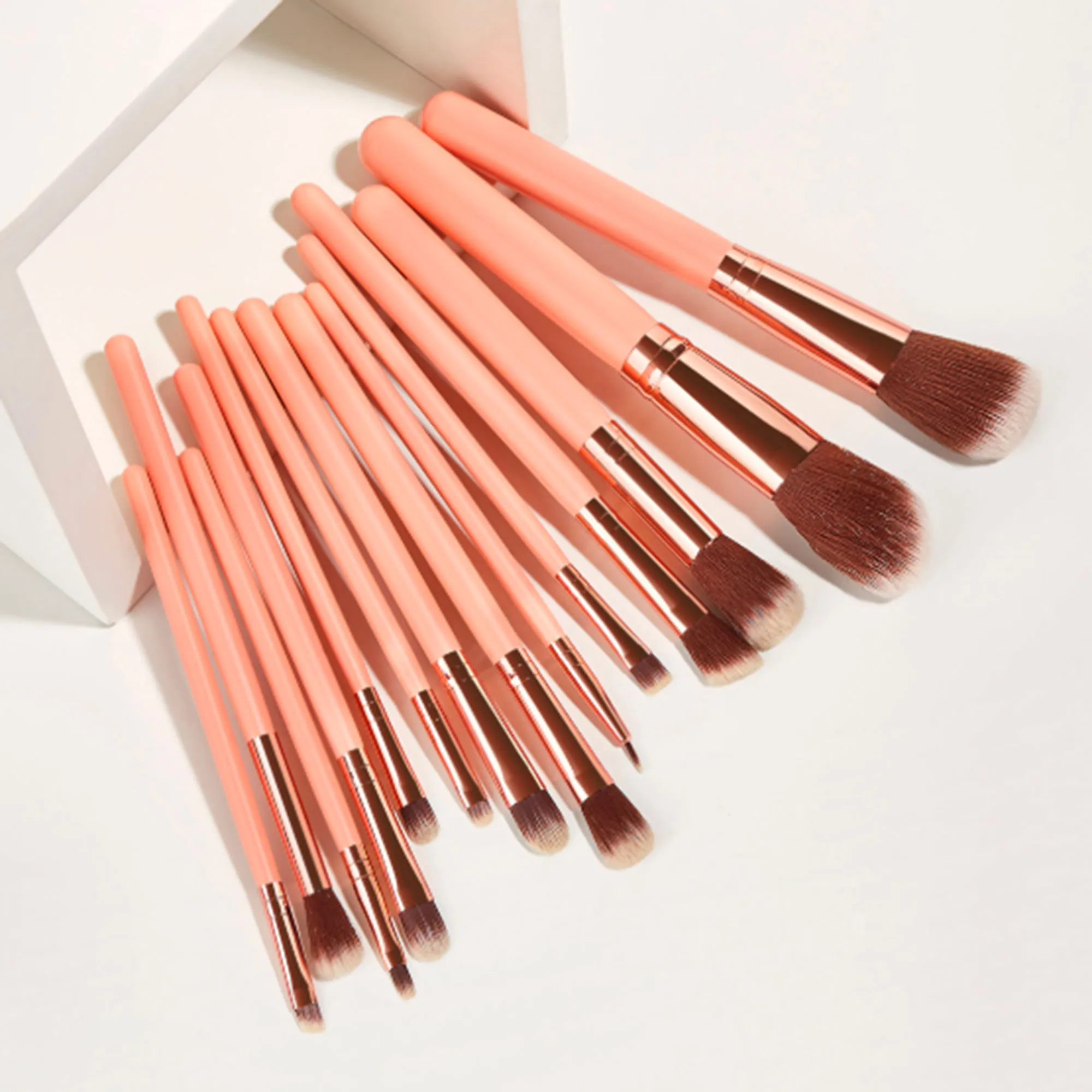 

Luxury own logo customized Amazon Nude Pink 14pcs makeup brush set Vegan Synthetic hair Powder Foundation Lip brush