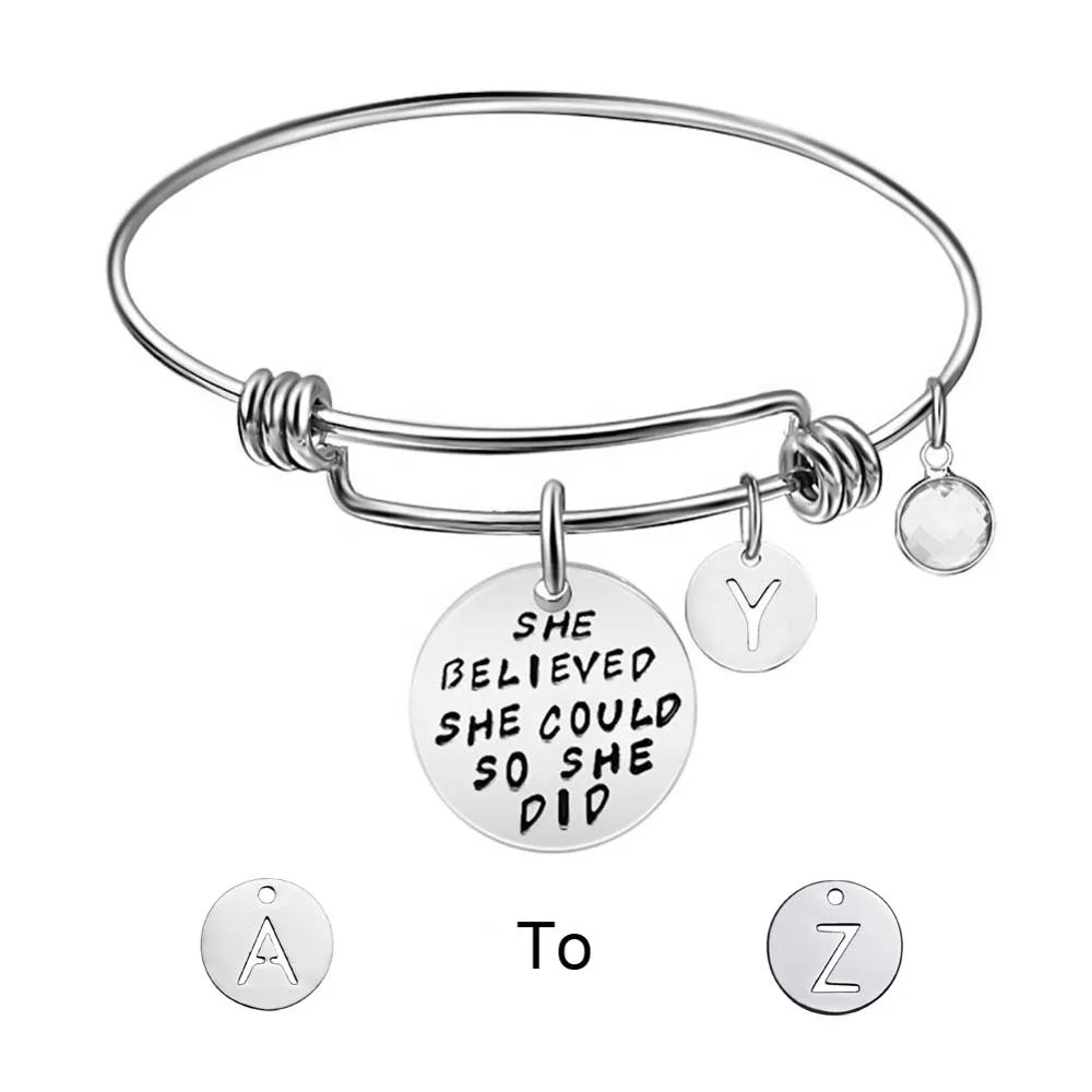 

creative carved she believed she could so she did letters stainless steel jewelry 2019 crystal charm bracelet for women best fri