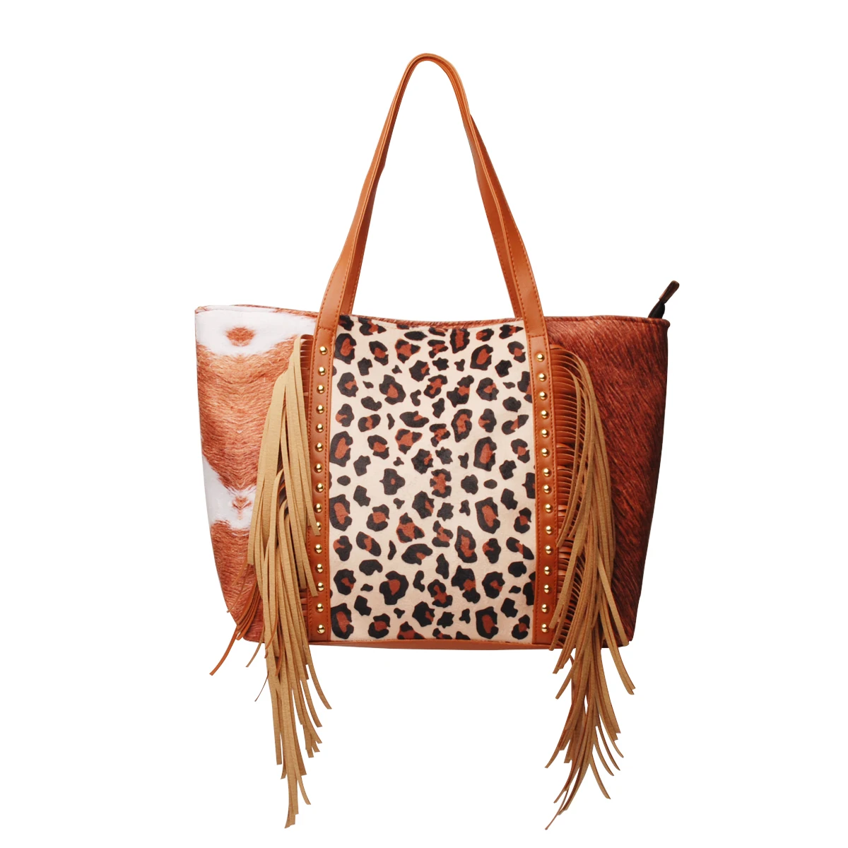 

Wholesale Cowhide And Leopard Fringe Handbag Suede And Canvas Casual Tassel Tote Bag Large Purse For Women DOM112-1392