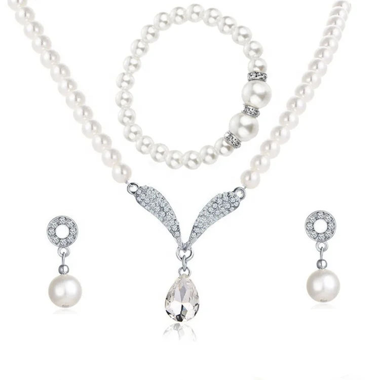 

Bride Pearl Drop Earrings Bracelet Necklace Crystal Wedding Jewelry Set, White