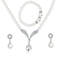 

Bride Pearl Drop Earring Bracelet Necklace Fashion Wedding Crystal Jewelry Set