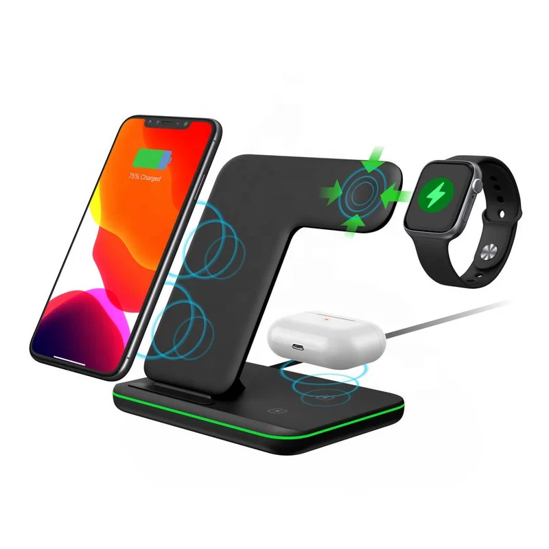 Portable Cellphone Z5 Watch Qi 15W Fast Wireless Charging Universal 3 In 1 15W Wireless Charger Dock Station With LED Light, White, black