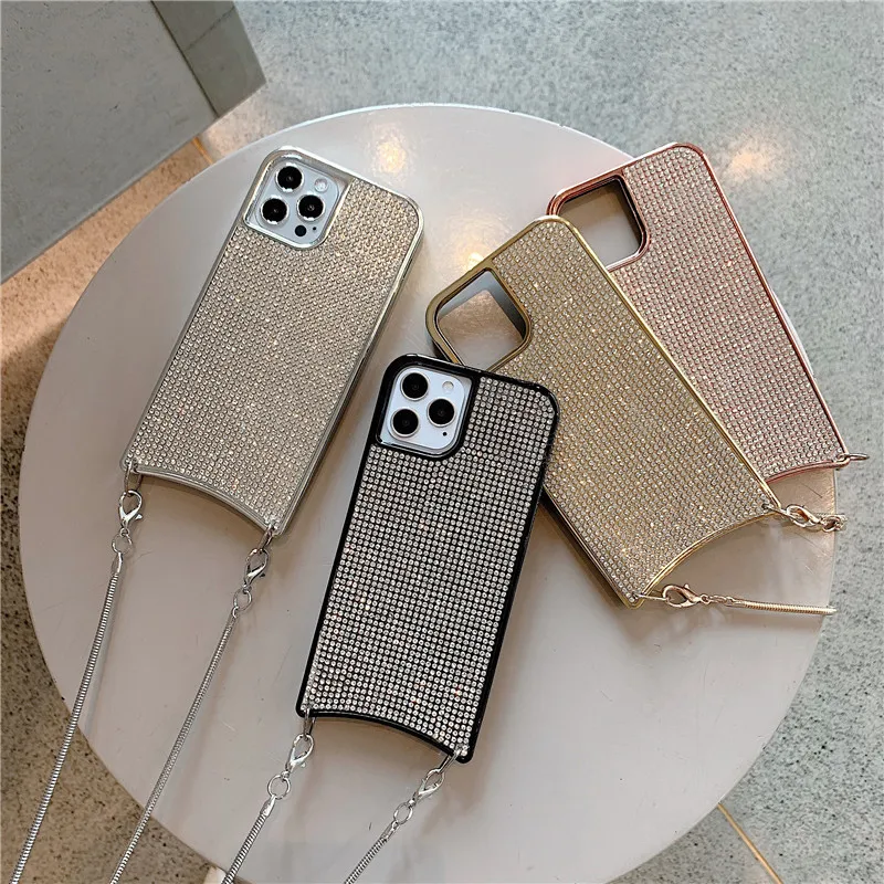 

For iPhone 11 12 13 Pro Max X XS XR XS Max 7 8 Plus Luxury Bling Glitter Diamond Phone Case With Crossbody Chain Strap