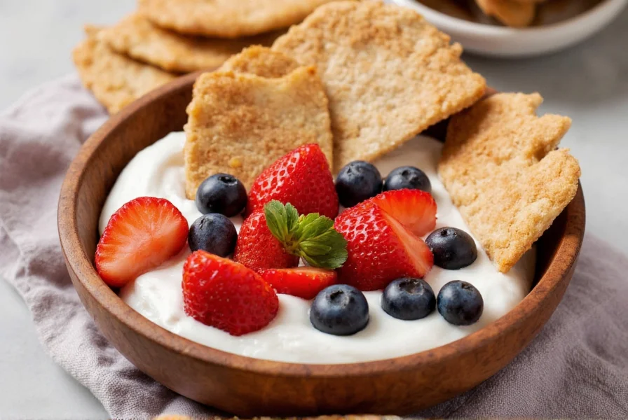 Cinnamon pita chips served with Greek yogurt and fresh berries in a rustic wooden bowl