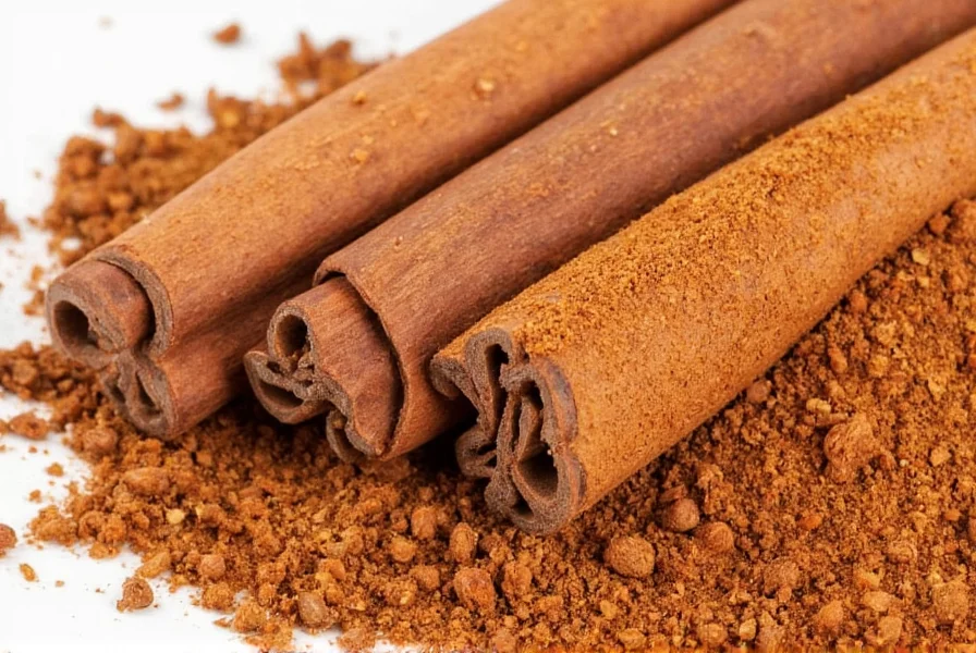 Side-by-side comparison of Ceylon cinnamon quills and Cassia cinnamon sticks showing the distinctive layered bark of Cassia versus the delicate, multi-layered scroll of Ceylon cinnamon
