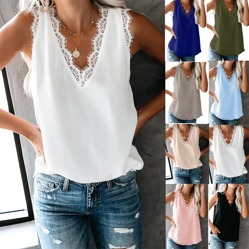 

WW-0002 Europe And The United States Backing Vest T-shirt Girl V-neck Eyelash Lace Sleeveless Blouse Women's Tank Lace Tops, Customized color