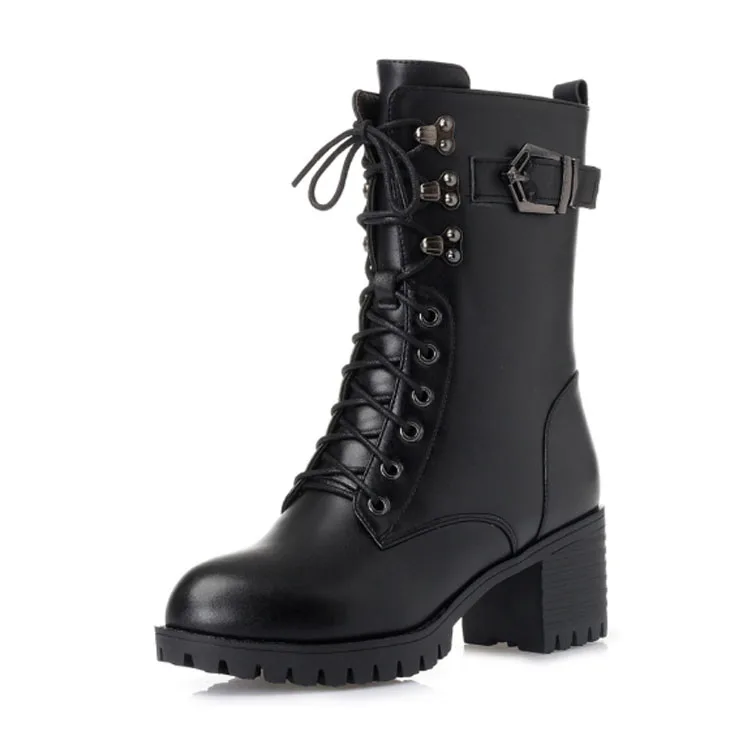 

High quality Motorcycle Ankle platform boots warm winter high heel black boot womens Rubber outsole leather boots