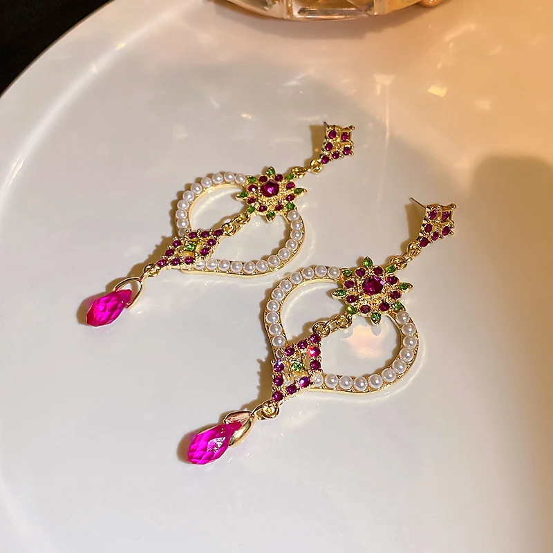 

trendy fashion flower red rhinestone earrings women