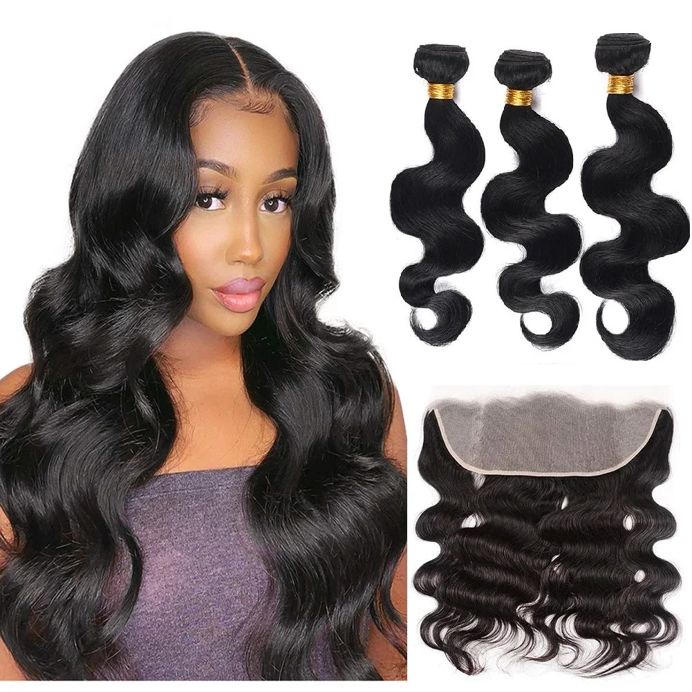 

100% 10A Woman Human Hair Extension Mink Cuticle Aligned Raw Brazilian Virgin Body Wave Hair Bundles with Frontal Closure, Natural colors