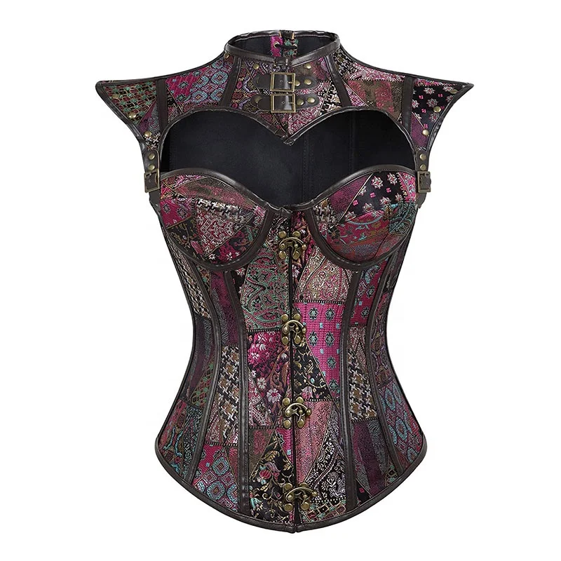 

Cool Retro Corsets And Girdles Shaping Black Leather Bustier Gothic Corset 16 Fish Bones Bustier Corset Tops with T Pants, Purple, black, can be customerized