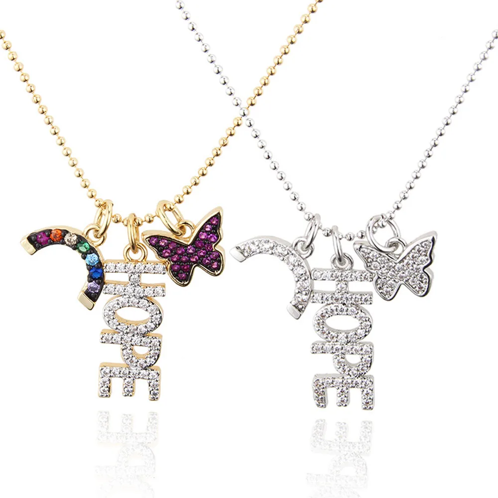 

Elegant Design Crystal and Multi-colors CZ Micro Pave Copper Hope Butterfly Rainbow Necklace