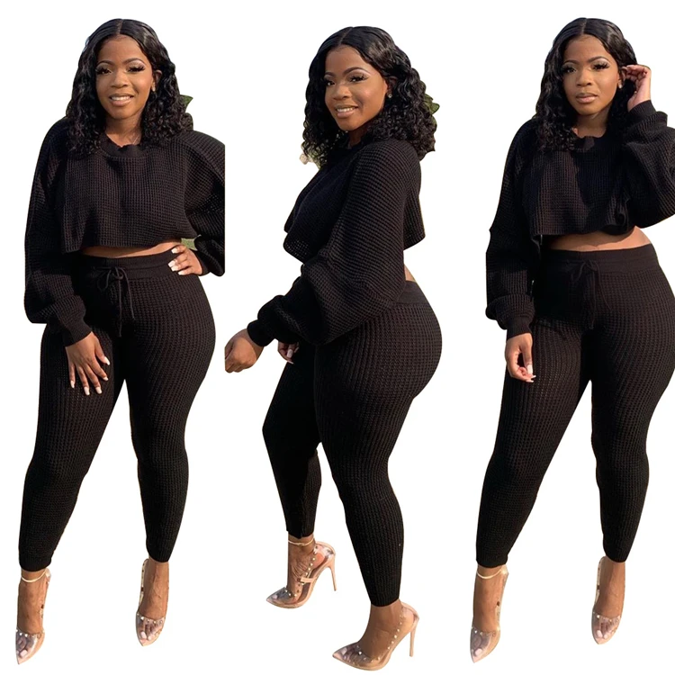 

M11683 Fall ladies 2 piece set loose waffle long sleeve solid color women