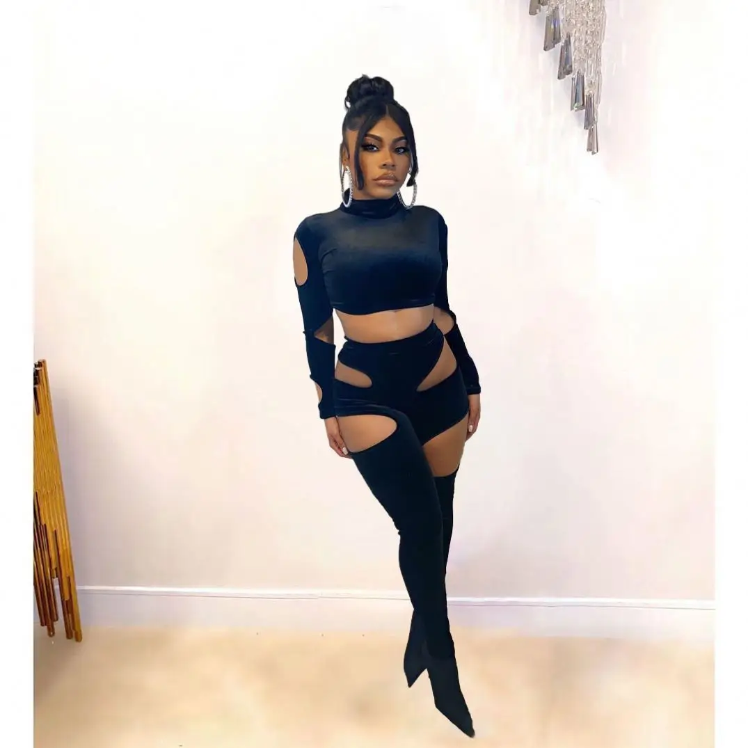 

PU6042 sexy women clothing 2021 Best seller Hole women two piece sets, Picture