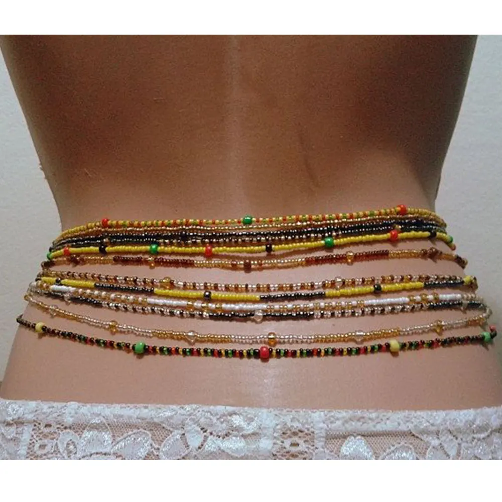 

wholesale Women Cheap african sexy glass seed waist beads belly chain weight loss body jewelry elastic cord 80CM 2pcs a pack, Multi