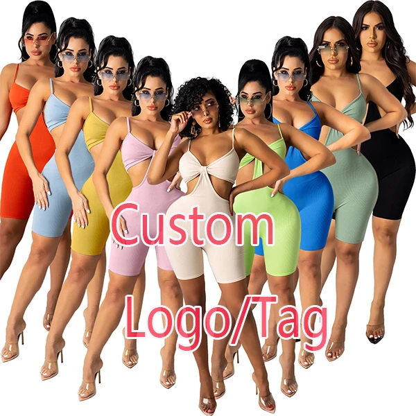 

Custom Logo Tag summer playsuit bodycon adult short sleeve rompers Sexy Skinny Solid One Piece Jumpsuits for women Bodysuits