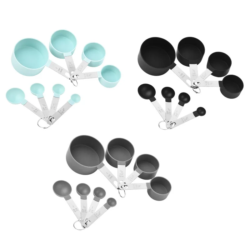 

8 Pieces Nesting Measuring Cups And Spoons Set Custom Measuring Cups Cup Spoon Set With Stainless Steel Handle, Lake blue, black, gray