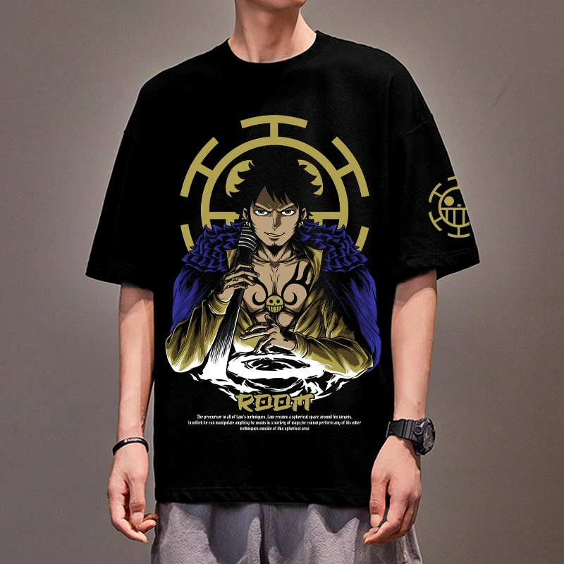 

High quality Japanese anime One Piece Trafalgar Law Luffy printed cotton European size black T-shirt