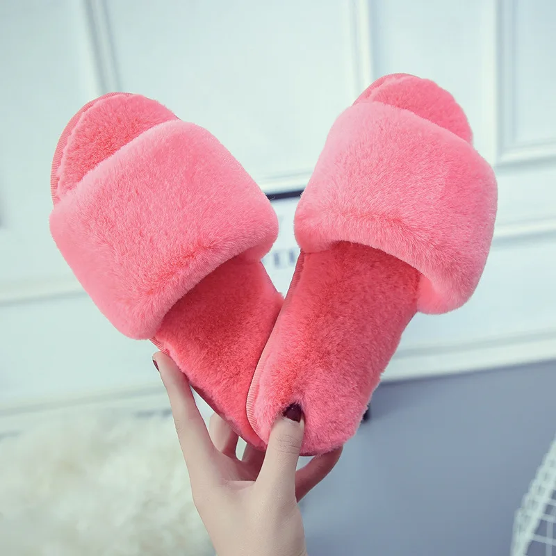 

2021 New Fashion Cotton Slippers Women Open Toe Home Warmth In Winter Word Wool Slippers Winter Floor Plush Women's Slippers