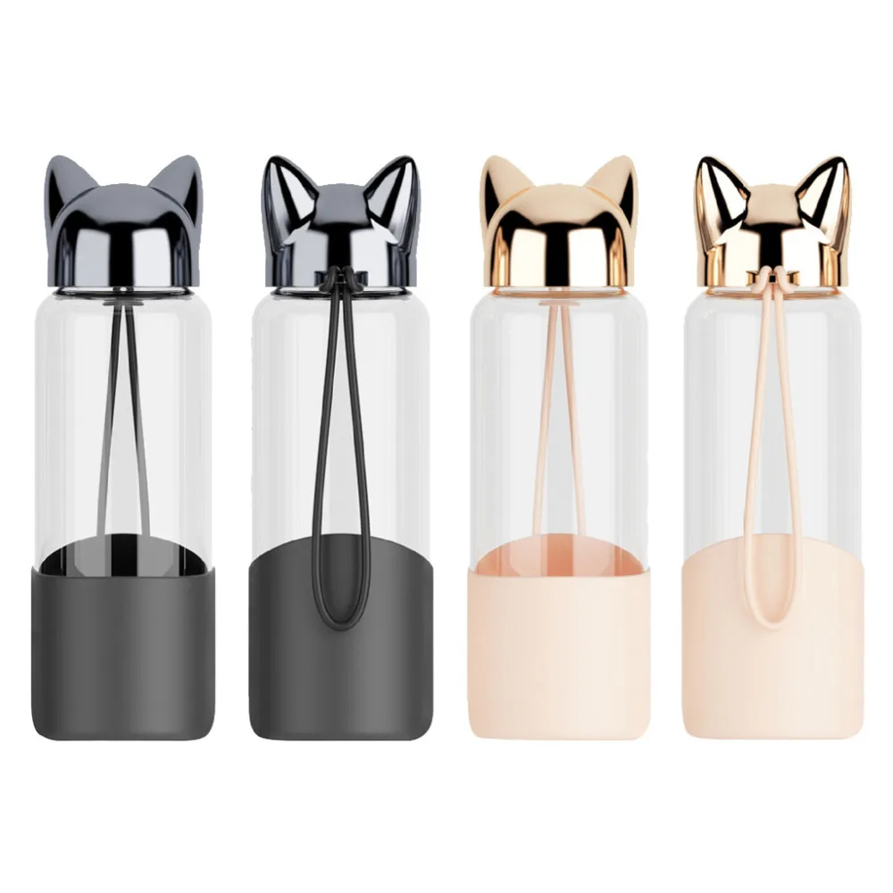 

MIKENDA Custom 350ml Borosilicate Glass Water Bottle fox design cover double wall glass drink ware, Transparent