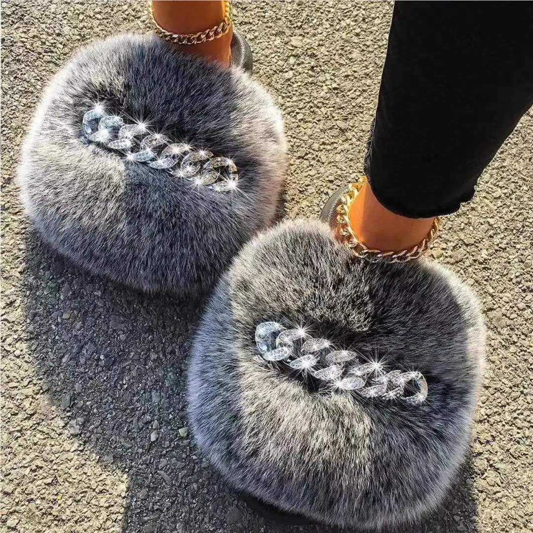 

2021 Newest Real Fur Sandals Cute Fur Slides Indoor Outdoor Fluffy Furry Shoes Fur Slippers For Women