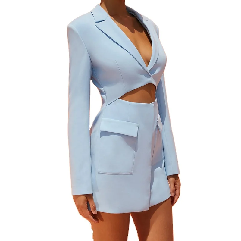 

V Neck Zipper Long Sleeve Dress Formal Suit Blazer Dress Women'S New Clothing