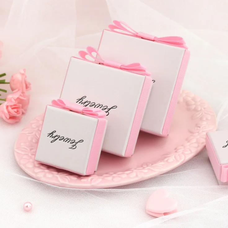 

No MOQ Custom logo Pink color Cardboard Pink Color Butterfly Ribbon Paper Jewelry Box For Necklace Bracelet Rings