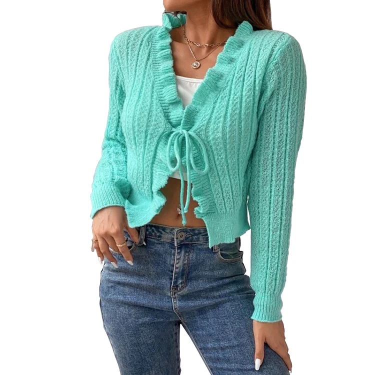 

New Knitted Women Pullover Frilly Front Lace Ribbed Knit Cardigan Ladies Sweater
